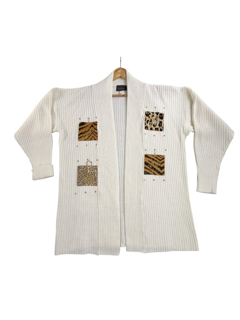 Vintage Focus Cardigan Sweater Womens One Size White Leopard Studded Open Front